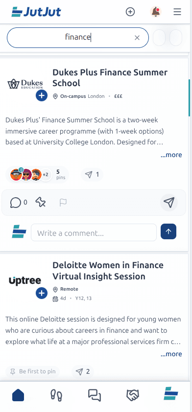 The JutJut mobile feed showing finance opportunities for young people