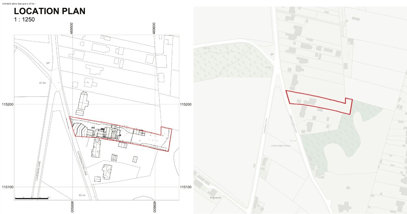 A planning location drawing beside the recovered red-line site boundary placed on a real-world map