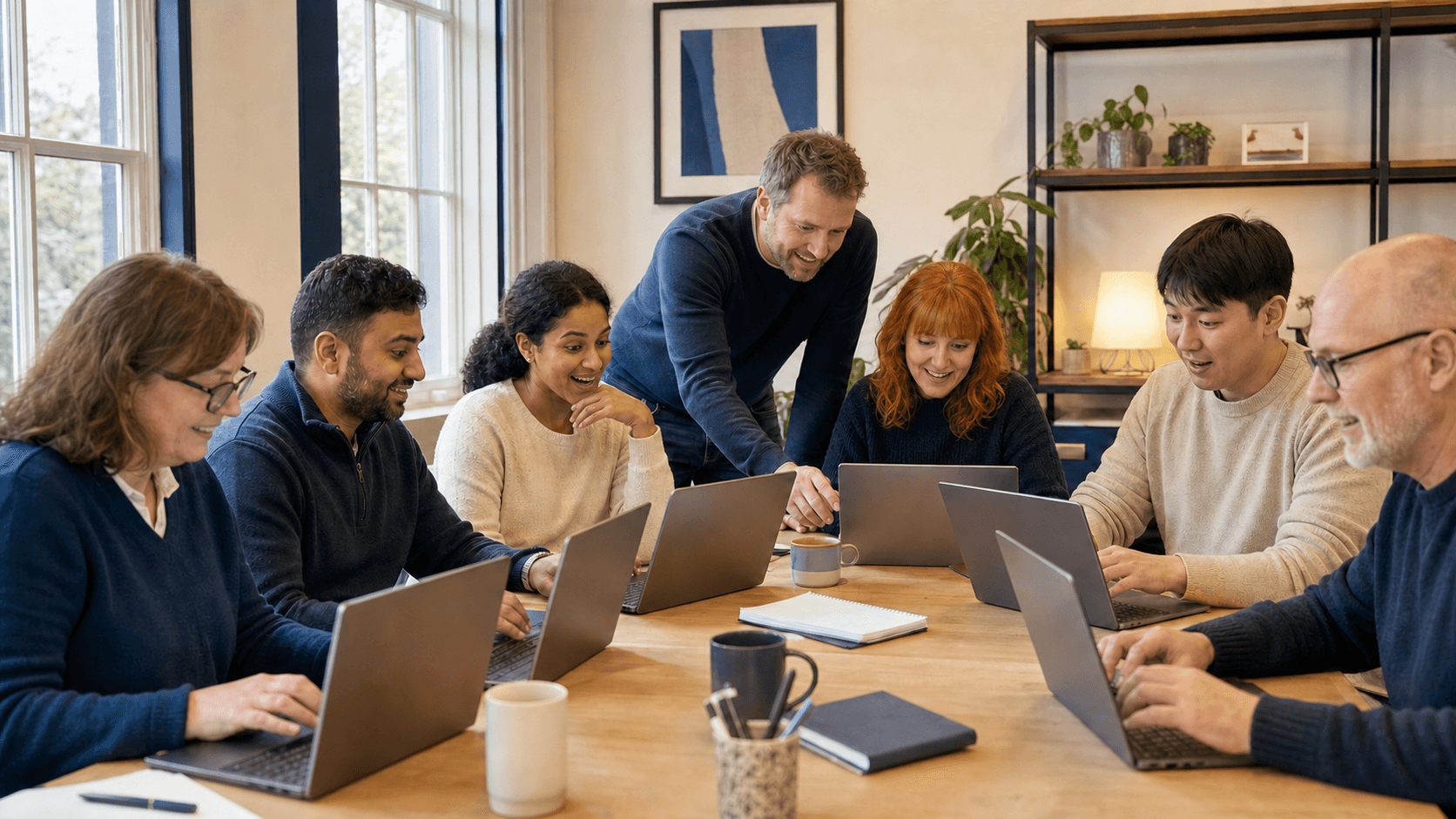 A small group taking part in a practical laptop-based software workshop